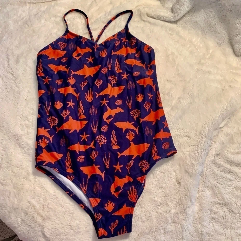 NWT Girls Swimsuit Sz 12 (Girls) One-Piece Dark Blue Red Shark Ocean Pattern